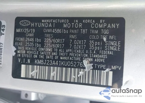 2019 Hyundai Tucson Se из США, поврежденный, VIN KM8J23A41KU052763